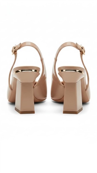Kadın Arkası Açık Bilekten Bantlı Sivri Burun Stiletto Kalın Topuklu Ayakkabı Bej Rugan