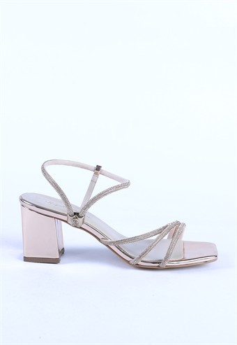 Kadın Taş Detaylı Küt Burunlu Kalın Topuklu Sandalet Abiye Ayakkabı Rose