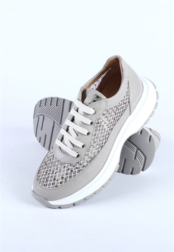 Kadın Transparan Fileli Taş Detaylı Hakiki Deri Sneaker Vizon
