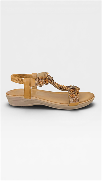 Kadın İthal Taş Detaylı Arkadan Lastikli Anatomik Rahat Taban Sandalet Camel