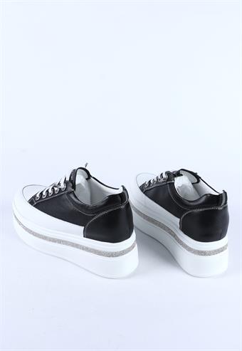 Guja Kadın Hakiki Deri Lastik Bağcıklı Gizli Topuk Dolgu Taban Taşlı Sneaker Siyah