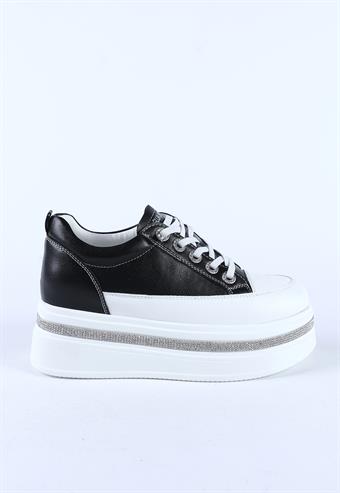 Guja Kadın Hakiki Deri Lastik Bağcıklı Gizli Topuk Dolgu Taban Taşlı Sneaker Siyah