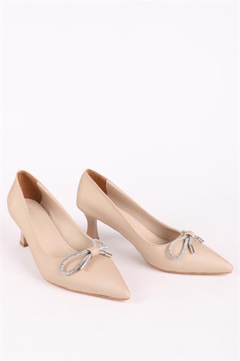 Kadın Alçak Topuklu Abiye Ayakkabı Ten Saten