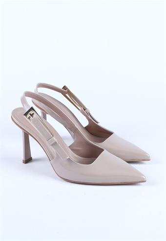 Kadın Arkası Açık Tokalı Sivri Burunlu Stiletto İnce Topuklu Ayakkabı Bej Rugan