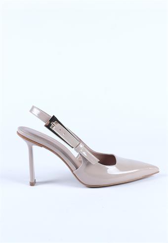 Kadın Arkası Açık Tokalı Sivri Burunlu Stiletto İnce Topuklu Ayakkabı Bej Rugan