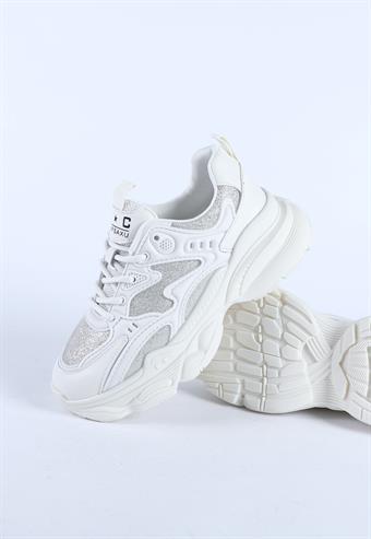 Kadın İthal Kalın Taban Bağcıklı Spor Ayakkabı & Sneaker Beyaz