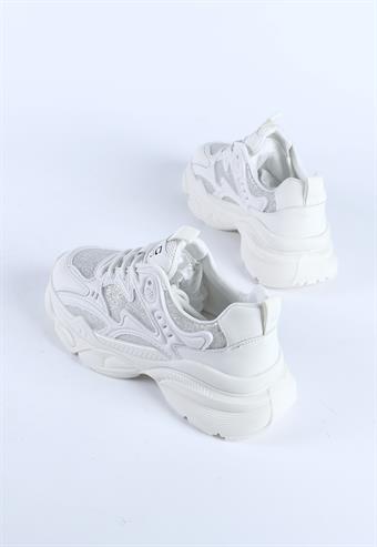 Kadın İthal Kalın Taban Bağcıklı Spor Ayakkabı & Sneaker Beyaz