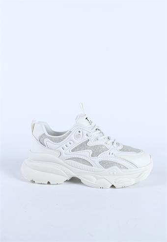 Kadın İthal Kalın Taban Bağcıklı Spor Ayakkabı & Sneaker Beyaz
