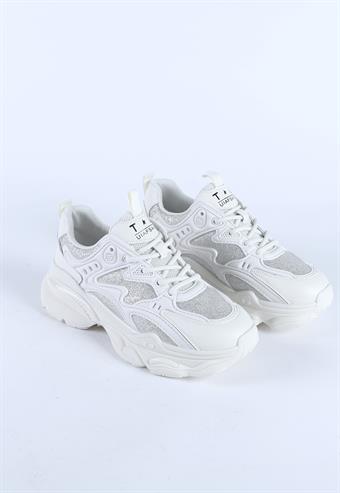 Kadın İthal Kalın Taban Bağcıklı Spor Ayakkabı & Sneaker Beyaz