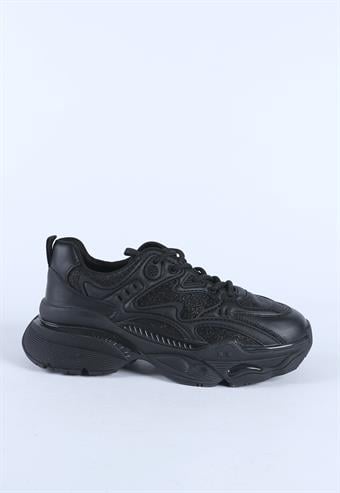 Kadın İthal Kalın Taban Bağcıklı Spor Ayakkabı & Sneaker Siyah