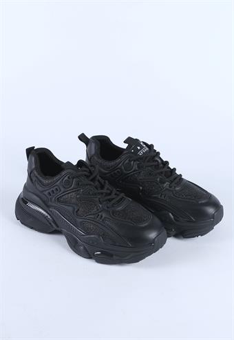 Kadın İthal Kalın Taban Bağcıklı Spor Ayakkabı & Sneaker Siyah