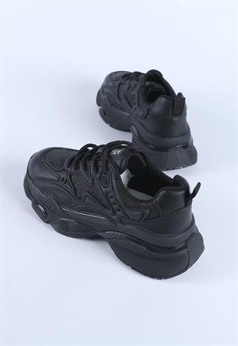 Kadın İthal Kalın Taban Bağcıklı Spor Ayakkabı & Sneaker Siyah