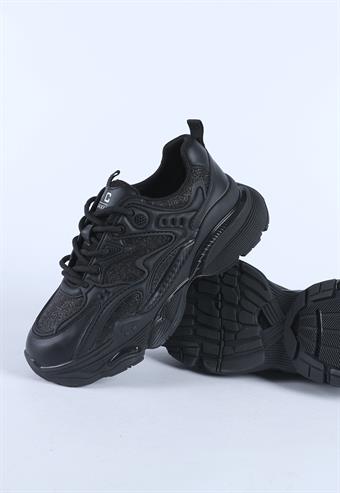 Kadın İthal Kalın Taban Bağcıklı Spor Ayakkabı & Sneaker Siyah