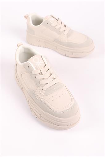 Kadın Benetton İthal Kalın Taban Bağcıklı Spor Ayakkabı & Sneaker Bej