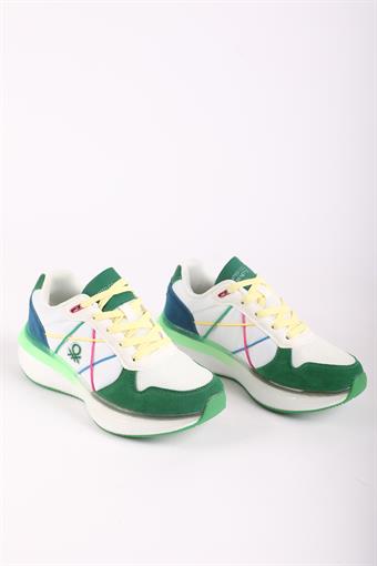 Kadın Benetton İthal Renkli Dolgu Taban Bağcıklı Spor Ayakkabı & Sneaker Beyaz - Yeşil