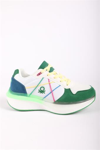 Kadın Benetton İthal Renkli Dolgu Taban Bağcıklı Spor Ayakkabı & Sneaker Beyaz - Yeşil