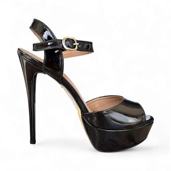 Kadın Bilekten Tokalı Yüksek Topuklu Abiye Ayakkabı Siyah Rugan