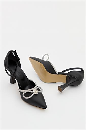 Kadın Bıyık Fiyonklu Taş Detaylı Abiye Ayakkabı Siyah Saten