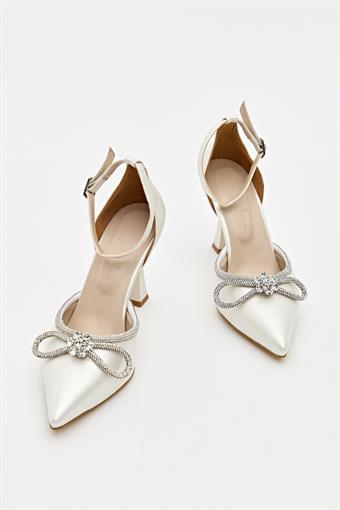 Kadın Bıyık Fiyonklu Taş Detaylı Abiye Ayakkabı Beyaz Sedef