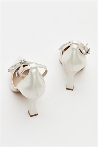 Kadın Bıyık Fiyonklu Taş Detaylı Abiye Ayakkabı Beyaz Sedef