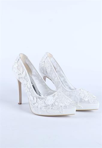 Kadın Dantel Desen İşlemeli Abiye Ayakkabı Sedef