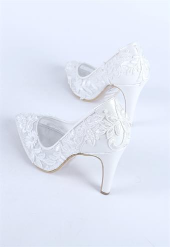 Kadın Dantel Desen İşlemeli Abiye Ayakkabı Sedef