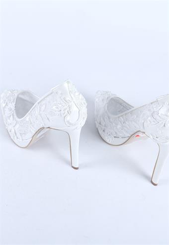 Kadın Dantel Desen İşlemeli Abiye Ayakkabı Sedef