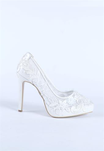 Kadın Dantel Desen İşlemeli Abiye Ayakkabı Sedef