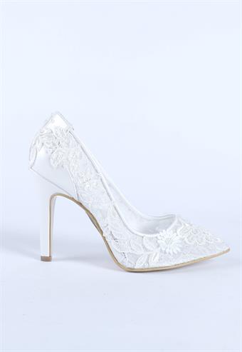 Kadın Dantel Desen İşlemeli Abiye Ayakkabı Sedef