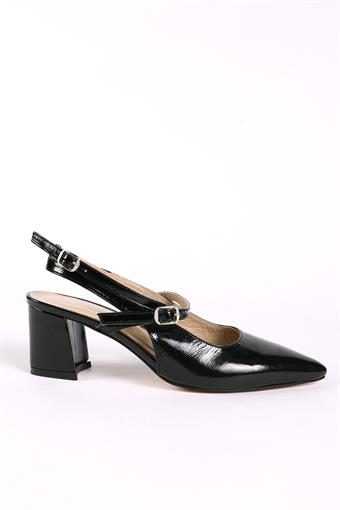 Kadın Hakiki Deri Bilekten Bantlı Arkası Açık Sivri Burun Kalın Topuklu Ayakkabı Siyah Rugan