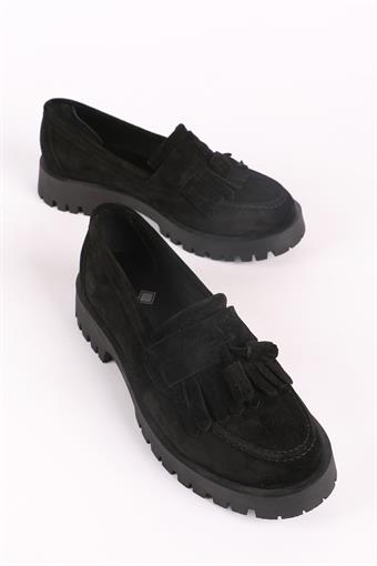 Kadın Hakiki Deri Günlük Makosen Püsküllü Loafer Ayakkabı Süet Siyah