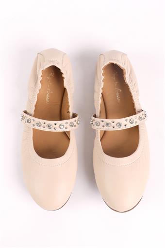 Kadın Hakiki Deri Taş Detaylı Üstten Bantlı Katlanabilir Babet Ayakkabı Bej