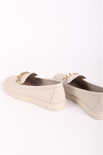 Kadın Hakiki Deri Toka Detaylı Loafer Günlük Casual Ayakkabı Ekru