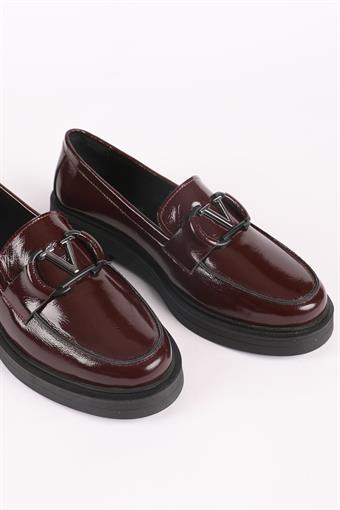 Kadın Hakiki Deri Toka Detaylı Loafer Ayakkabı Bordo Rugan