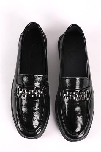 Kadın Hakiki Deri Toka Detaylı Loafer Günlük Casual Ayakkabı Siyah Rugan