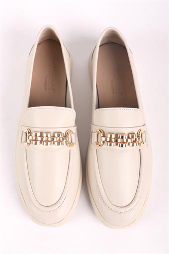 Kadın Hakiki Deri Toka Detaylı Loafer Günlük Casual Ayakkabı Ekru