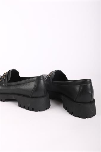 Kadın Hakiki Deri Toka Detaylı Günlük Makosen Loafer Ayakkabı Siyah