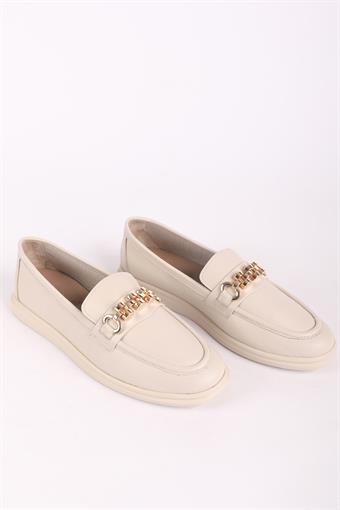 Kadın Hakiki Deri Toka Detaylı Loafer Günlük Casual Ayakkabı Ekru