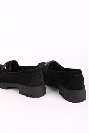 Kadın Hakiki Deri Toka Detaylı Günlük Makosen Loafer Ayakkabı Süet Siyah