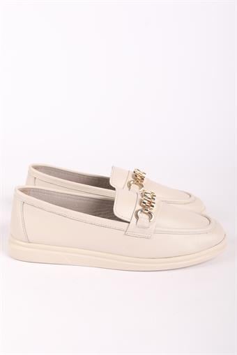 Kadın Hakiki Deri Toka Detaylı Loafer Günlük Casual Ayakkabı Ekru