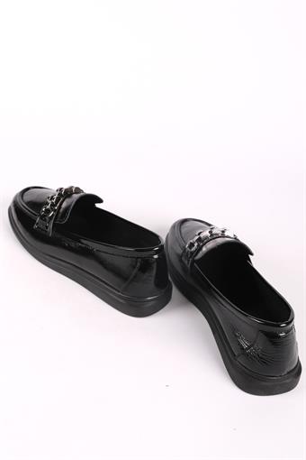 Kadın Hakiki Deri Toka Detaylı Loafer Günlük Casual Ayakkabı Siyah Rugan