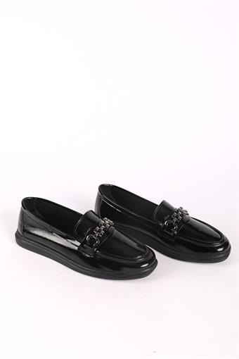 Kadın Hakiki Deri Toka Detaylı Loafer Günlük Casual Ayakkabı Siyah Rugan