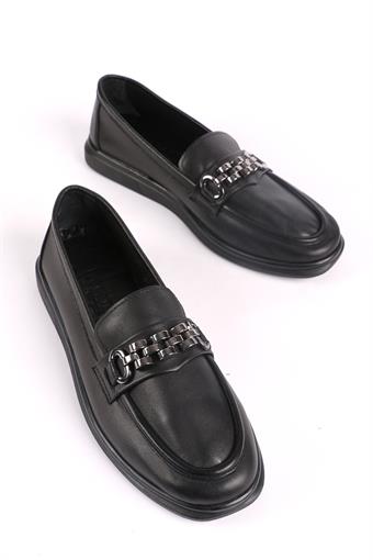 Kadın Hakiki Deri Toka Detaylı Loafer Günlük Casual Ayakkabı Siyah