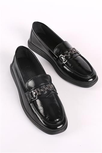 Kadın Hakiki Deri Toka Detaylı Loafer Günlük Casual Ayakkabı Siyah Rugan