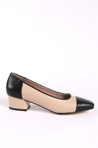 Kadın Hakiki Deri Topuklu Babet Günlük Ayakkabı Bej - Siyah