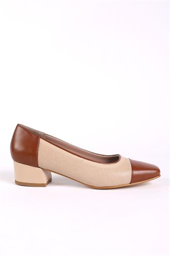 Kadın Hakiki Deri Topuklu Babet Günlük Ayakkabı Bej - Taba