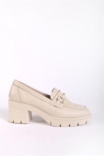 Kadın Hakiki Deri Toka Detaylı Kalın Topuklu Loafer Ayakkabı Bej