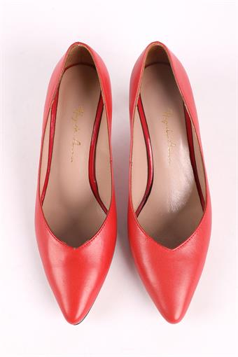 Kadın Hakiki Deri Kısa Topuklu Stiletto Ayakkabı Kırmızı
