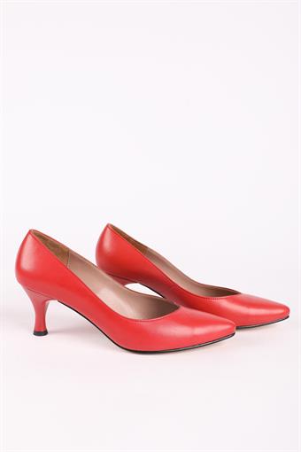 Kadın Hakiki Deri Kısa Topuklu Stiletto Ayakkabı Kırmızı