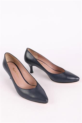 Kadın Hakiki Deri Kısa Topuklu Stiletto Ayakkabı Lacivert